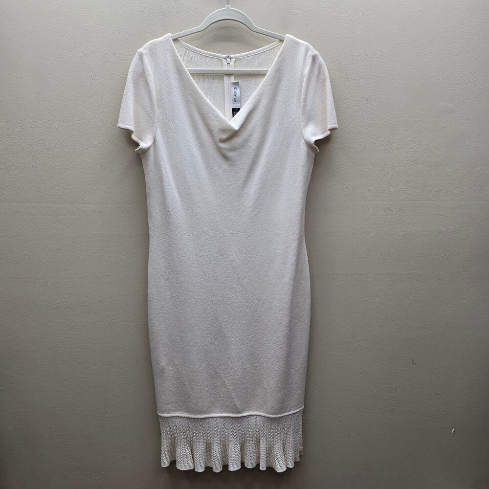 St John Collection Santana Knit Sweater Dress 10 Ruffle Hem Knee Length Ivory